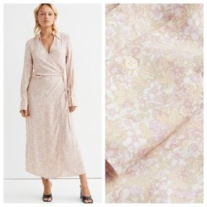 H&M Light Pastel Spring Ditsy Floral Long Sleeve True Wrap Midi Dress Small